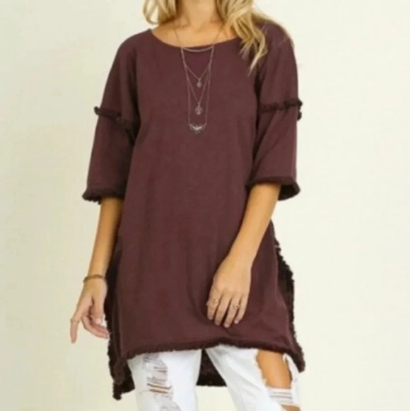 Umgee Tops - Umgee lagenlook dress tunic split sides fringe on sleeves & hem deep purple sz S